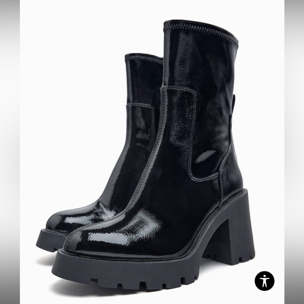New with out tags now
 FAUX PATENT LEATHER HEELED LUG SOLE ANKLE BOOTS SIZE 39